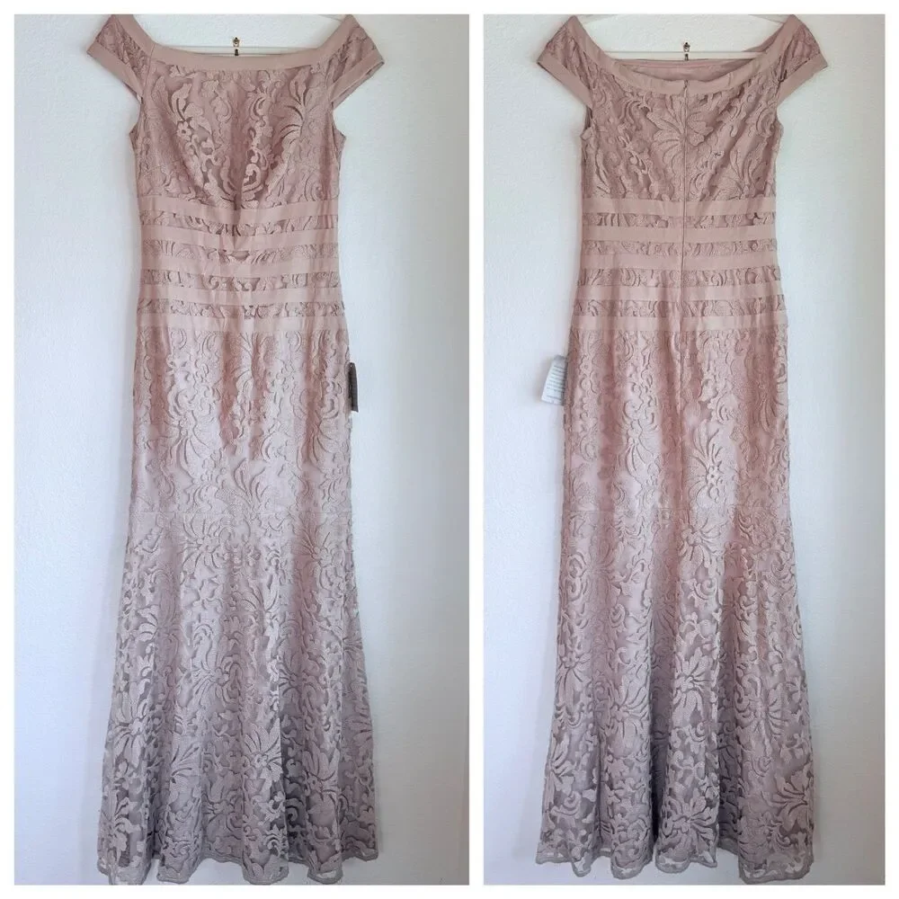 NWT Tadashi Shoji Textured Lace Mermaid Gown w Cap Sleeves in Mauve Blush Pink 8 - Picture 3 of 9